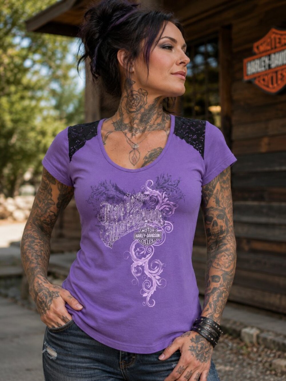 🏍️ Harley-Davidson® Women's Purple Bling/Embellished Graphic Tee size Medium